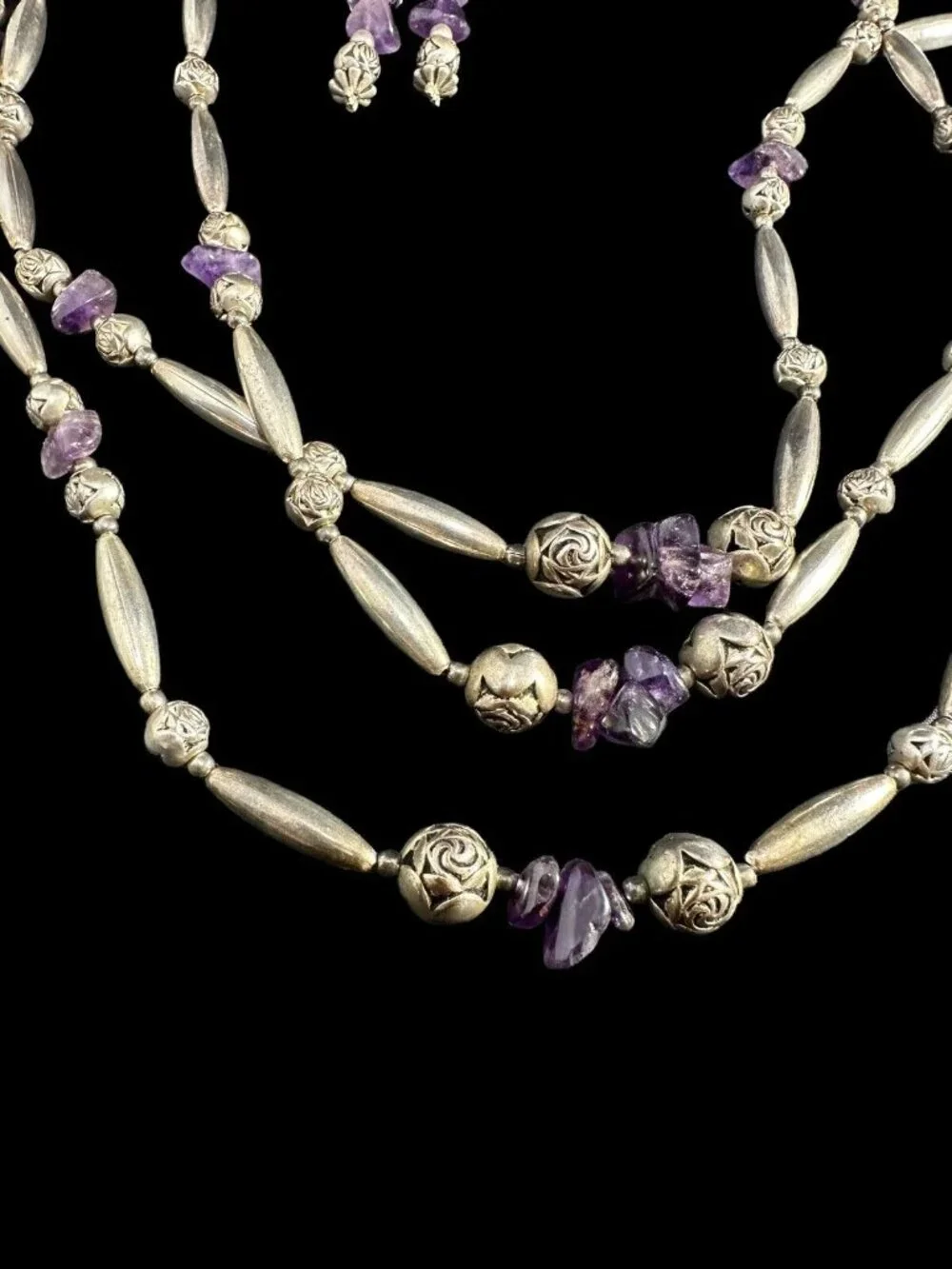 Jewelry Set Sterling Silver Amethyst Three Strand Necklace Dangle Earrings